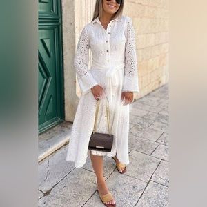 Zara WHITE EMBROIDERED SHIRT MIDI DRESS